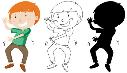 Happy boy in colour and outline and silhouette