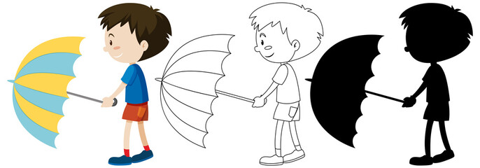 Boy holding umbrella in color and outline and silhouette