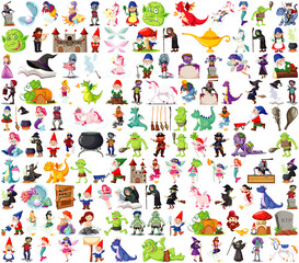 Fototapeta premium Set of fantasy cartoon characters and fantasy theme isolated on white background