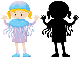 Girl wearing jellyfish costume with its silhouette