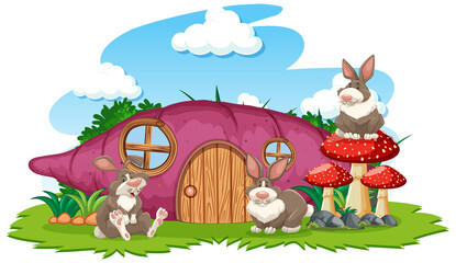 Taro house with three rabbit cartoon style on white background