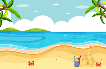 Fototapeta na wymiar Beach scene with sand castle and little crab
