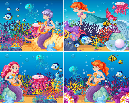 Set of cute mermaid with animal sea theme scene cartoon style