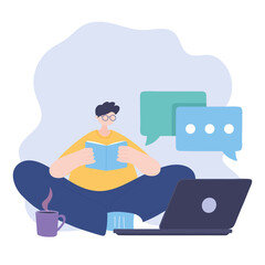 stay at home, guy reading book with laptop and coffee cup, self isolation, activities in quarantine for coronavirus