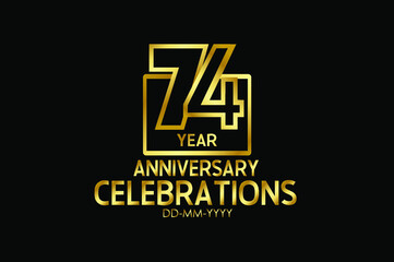 74 year anniversary celebration Block Design logotype. anniversary logo with golden isolated on black background - vector