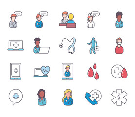 doctor and medical care line and fill style icon set vector design