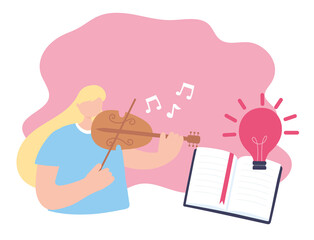 stay at home, girl playing fiddle reading book musical, self isolation, activities in quarantine for coronavirus