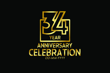 34 year anniversary celebration Block Design logotype. anniversary logo with golden isolated on black background - vector
