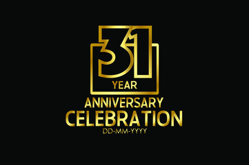 Naklejka premium 31 year anniversary celebration Block Design logotype. 31 anniversary logo with golden isolated on black background - vector