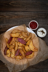 Air fried fingerling purple and yellow potato wedges served with cream and ketchup on wooden table, copy space