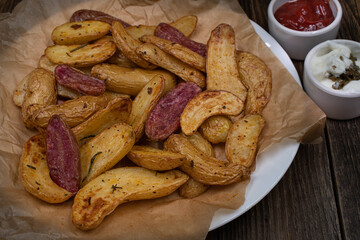 Air fried fingerling purple and yellow potato wedges served with cream and ketchup on wooden table, copy space
