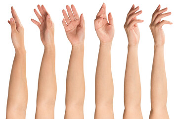 Collage of woman hands on white backgrounds - obrazy, fototapety, plakaty