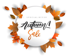 Autumn Sale Background, Hand Drawn Autumn calligraphy with falling leaves, Web Banner, shopping sale or seasonal poster, Postcard and Invitation card. Vector illustration