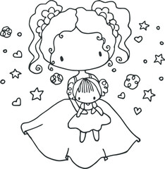 small girl with doll cartoon drawing