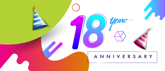 18th years anniversary logo, vector design birthday celebration with colorful geometric background and abstract elements