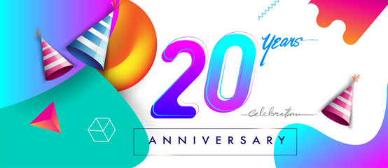 20th years anniversary logo, vector design birthday celebration with colorful geometric background and abstract elements