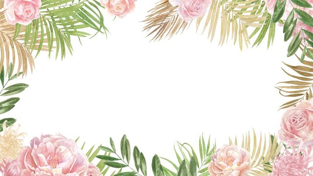 tropical flowers palm leaves dried roses peonies floral boarder frame greenery foliage modern watercolor romantic wedding summer alpha channel