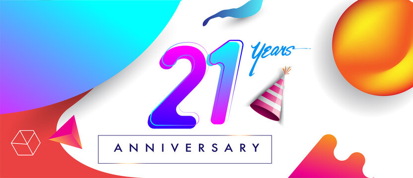 21st years anniversary logo, vector design birthday celebration with colorful geometric background and abstract elements