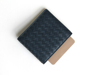 Blue wallet isolated on white background . Blank card.