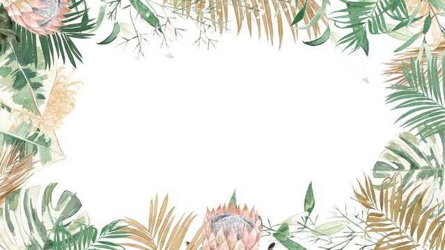 tropical flowers palm leaves dried protea floral boarder frame greenery foliage modern romantic watercolor wedding summer alpha channel