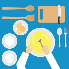 top view of  man working at kitchen table. vector illustration 