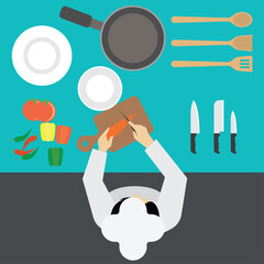 top view of  man working at kitchen table. vector illustration 