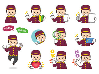 ホテルスタッフの男性　バリエーション　初心者マーク　スマートフォン　タブレット　虫眼鏡　クレジットカード　ハート　OK　NO