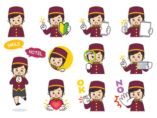 ホテルスタッフの女性　バリエーション　初心者マーク　スマートフォン　タブレット　虫眼鏡　クレジットカード　ハート　OK　NO
