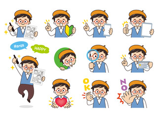 漫画家の男性　バリエーション　初心者マーク　スマートフォン　タブレット　虫眼鏡　クレジットカード　ハート　OK　NO
