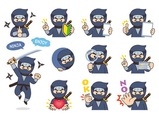 忍者の男性　バリエーション　初心者マーク　スマートフォン　タブレット　虫眼鏡　クレジットカード　ハート　OK　NO © shintako