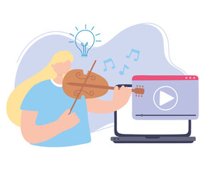 stay at home, girl in concert online with violin, self isolation, activities in quarantine for coronavirus