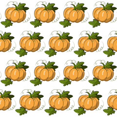 Pumpkin with leaves vector seamless pattern. Orange vegetable of seamless texture. Harvest Festival. Autumn. Halloween. Thanksgiving Day.Textiles, wrapping paper, wallpaper design. Isolated objects.