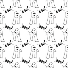 Seamless vector pattern with ghosts. Black and white outline drawing.