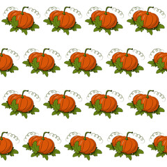 Pumpkin with leaves vector seamless pattern. Orange vegetable of seamless texture. Harvest Festival. Autumn. Halloween. Thanksgiving Day.Textiles, wrapping paper, wallpaper design. Isolated objects.