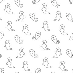 Seamless vector pattern with ghosts. Black and white outline drawing.