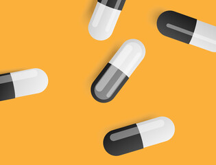 Capsules strewn above the orange background