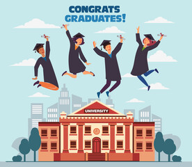 Group of young graduates with diploma jumping over the city. Stylish modern vector illustration with happy male and female teenagers. Graduation concept
