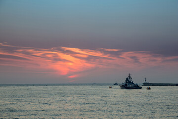 Sunset in Sevastopol overlooking the military ships of the Russian Navy