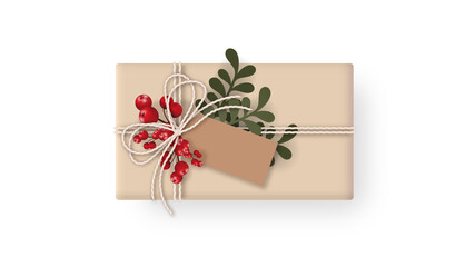 Christmas gift box wrapped with rope decorated with berries, pine leaves, and banners isolated on white background. Craft style. Top view. Vector illustration.