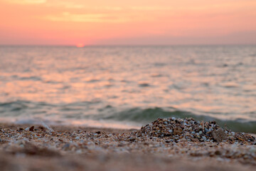 Sunset on the shell beach of the Azov Sea