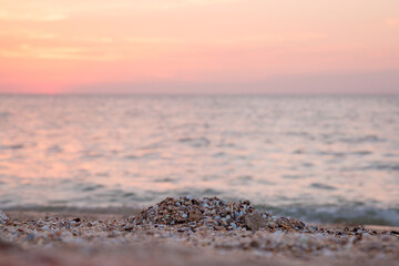 Sunset on the shell beach of the Azov Sea