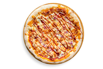 Branded pizza on white plate and wooden board