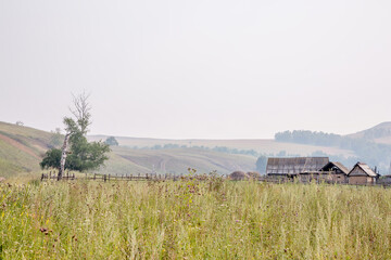 Summer landscape with a pasture against the background of the old Ural mountains