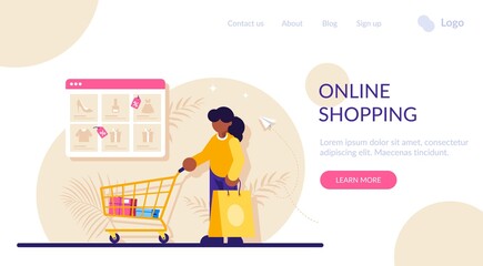 Obraz premium Online shopping concept. Woman with a package and a trolley from the supermarket in the background of the browser window with a catalog of goods. Modern flat illustration.