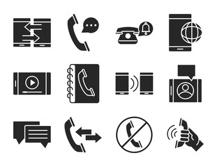 Fototapeta premium mobile phone or smartphone electronic technology device silhouette style icons set
