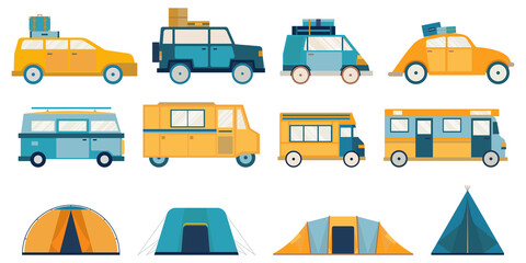 Group of Cars, Buses and Tents for Camping Trip. Blue and yellow color. Summer vibe. 