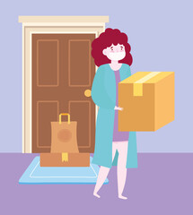 safe delivery at home during coronavirus covid-19, woman carrying box and order in door