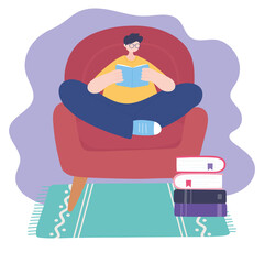 stay at home, guy reading book on chair, self isolation, activities in quarantine for coronavirus