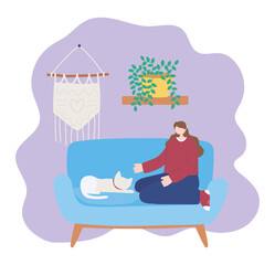 stay at home, girl with cat sitting on sofa, self isolation, activities in quarantine for coronavirus