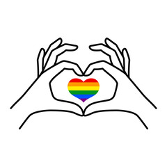 Pride LGBT Rainbow Heart and Female hand of a love symbol in a minimalist linear trendy style. Vector Illustration